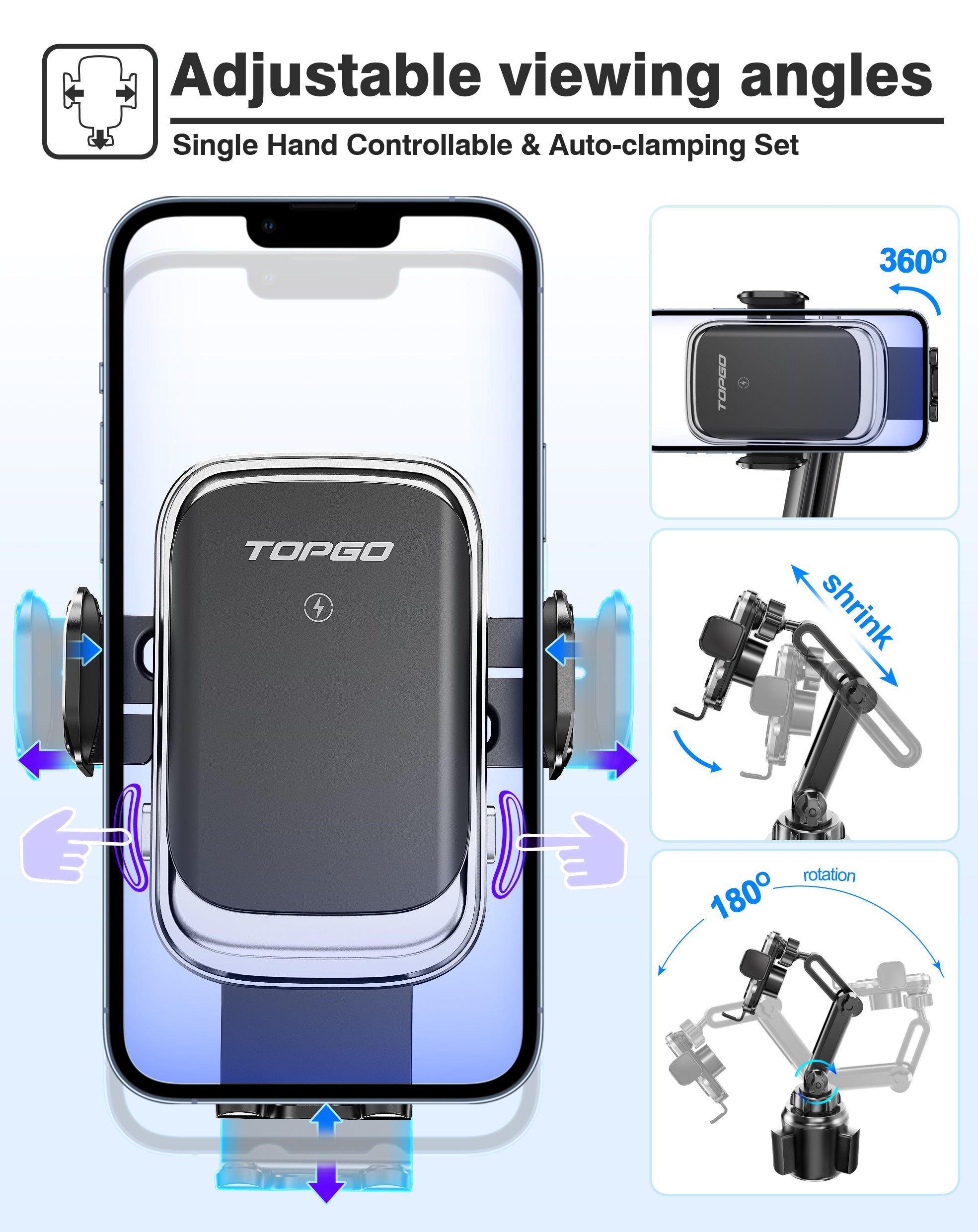Adjustable phone holder with wireless charger BX8 and 3 x USB in the cup  holder - . Gift Ideas