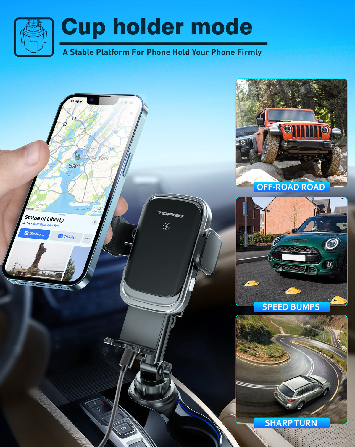 Cup Holder Phone Mount with Wireless Charger