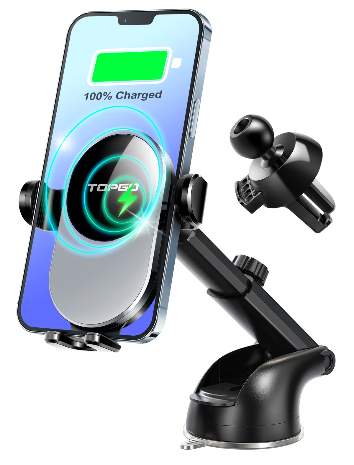 TOPGO ワイヤレスカーチャージャー、車用のQi高速ワイヤレスチャージャー、車用の自動クランピング電話マウント、[凸凹の道路にも対応＆超安定] iPhone 14/13/12 Pro Samsung すべての電話機種＆車両用