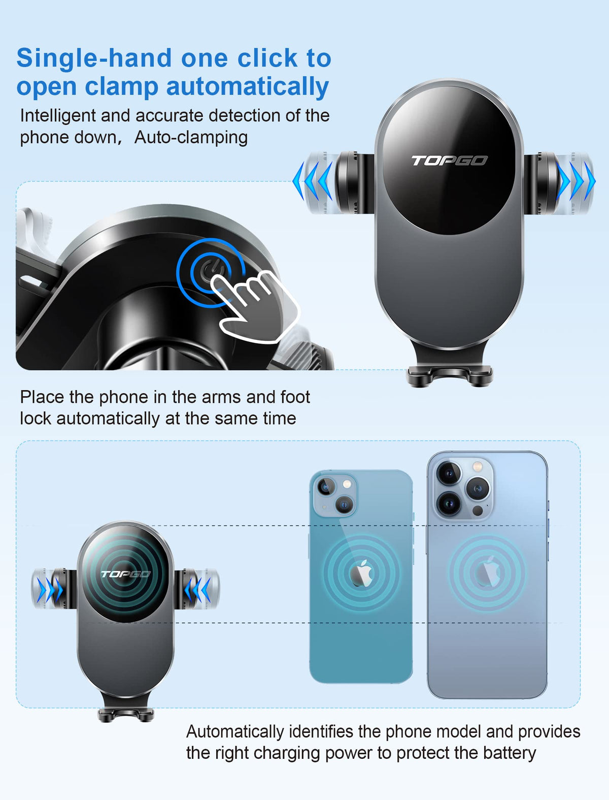 TOPGO ワイヤレスカーチャージャー、車用のQi高速ワイヤレスチャージャー、車用の自動クランピング電話マウント、[凸凹の道路にも対応＆超安定] iPhone 14/13/12 Pro Samsung すべての電話機種＆車両用