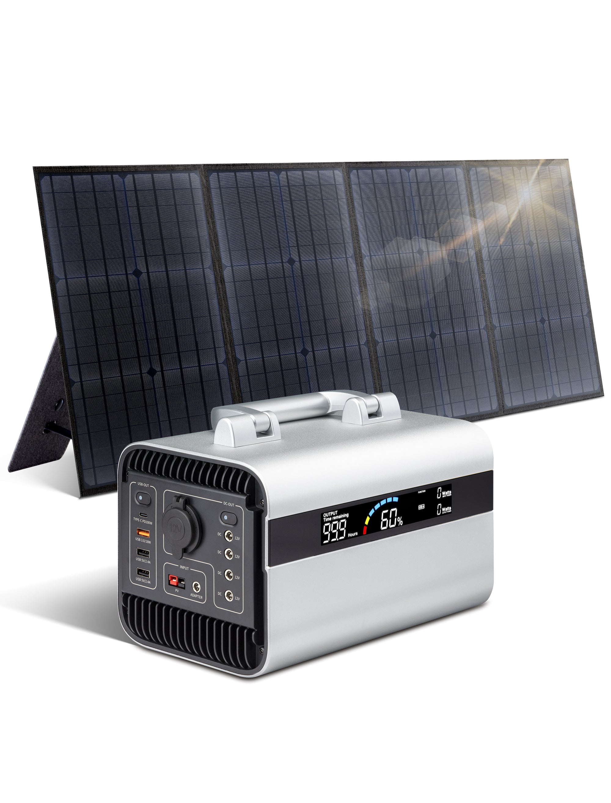 محطة طاقة محمولة بقوة 600 واط مع مولد شمسي بقوة 100 واط مع لوحات شمسية للتخييم في الهواء الطلق، والرحلات القصيرة، وانقطاع التيار الكهربائي