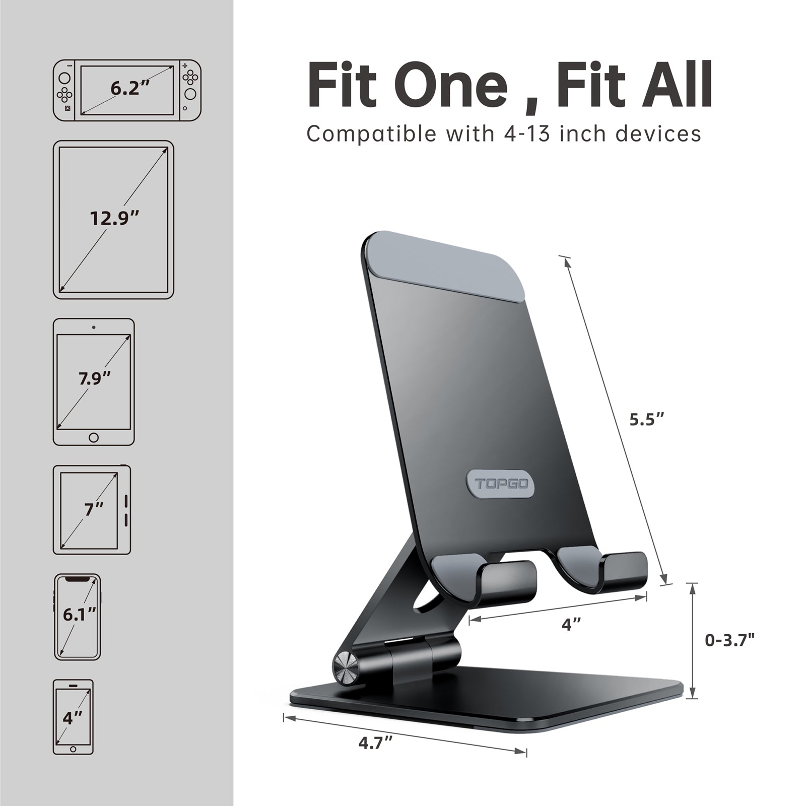 TooQ Ph0001-g Supporto Da Tavolo Per Smartphone E Tablet – Inclinazione Regolabile, Alluminio Grigio, Antiscivolo E Antigraffio