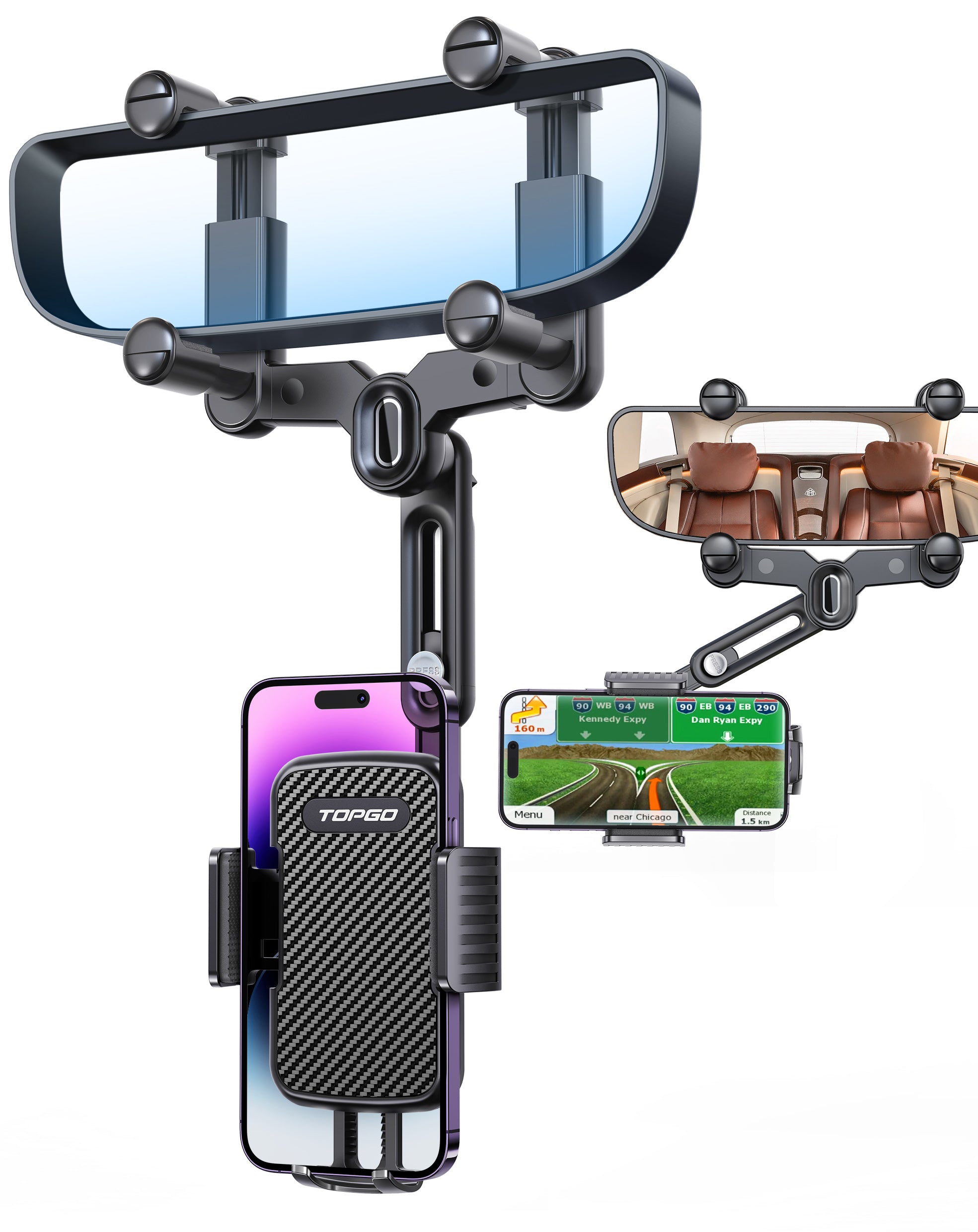 Rearview Mirror Phone Holder Rotatable and Retractable Car Phone Holder